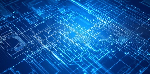 Fototapeta premium Abstract digital circuit design with glowing blue lines and nodes.