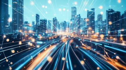 Dynamic cityscape illuminated by glowing lights.