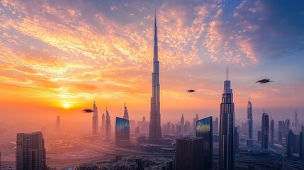 A stunning skyline at sunset featuring tall buildings and a vibrant sky.