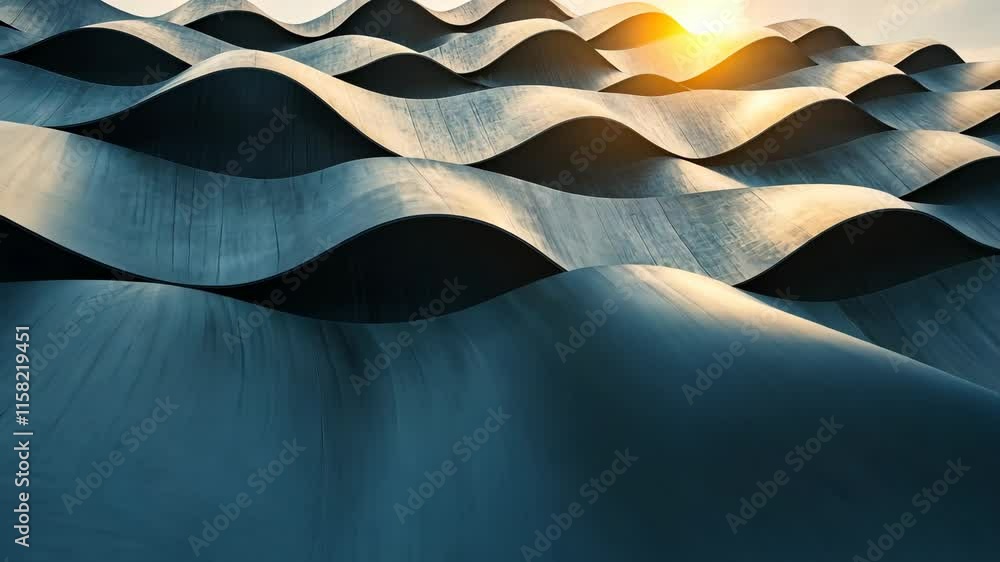 Poster waves of texture under the sunset at a sculptural installation in an open space setting