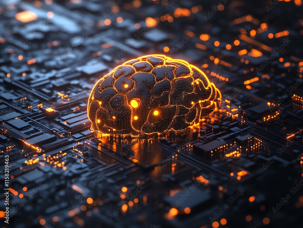 Poster A glowing brain on a circuit board, symbolizing artificial intelligence and technology.