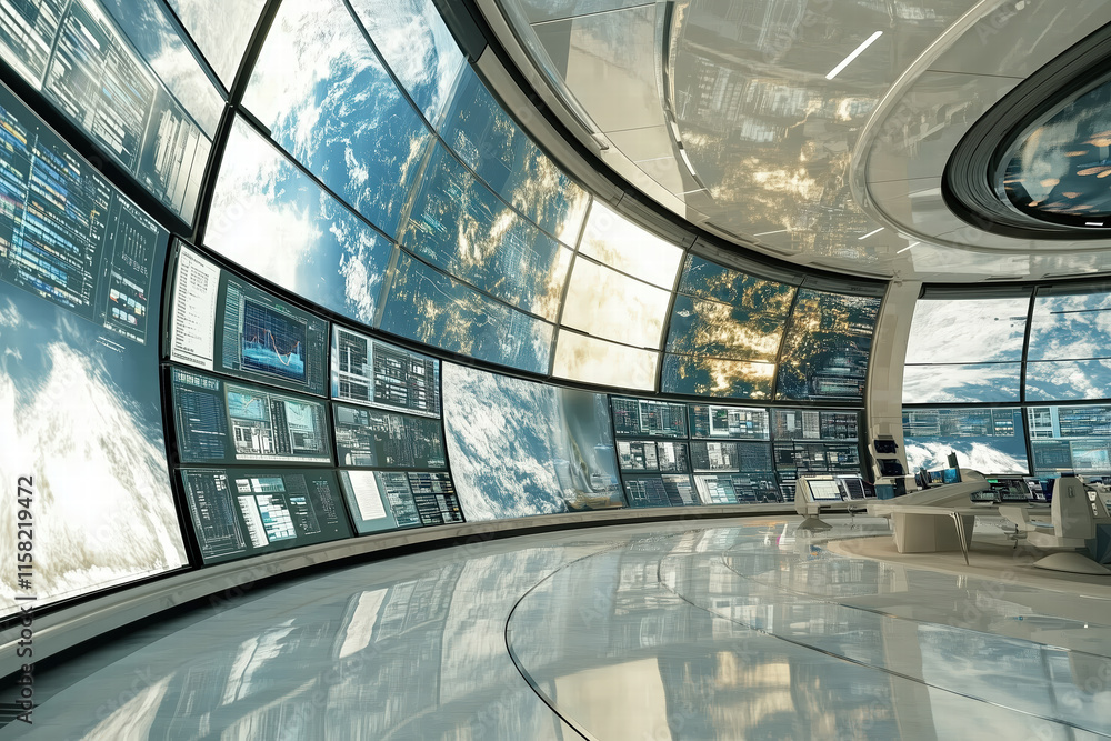 Aufkleber futuristic control room with large screens displaying earth generative ai