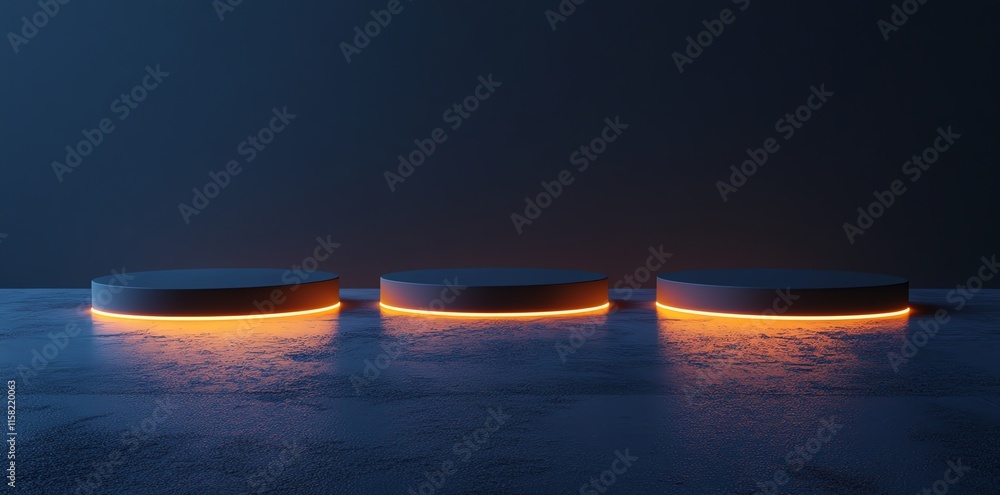 Poster three illuminated circular platforms on a textured surface against a dark background.