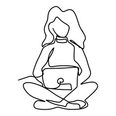 Secretary On Computer Office Graphic Design Line Art Vector Decoration