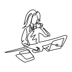 Secretary On Computer Office Graphic Design Line Art Vector Decoration