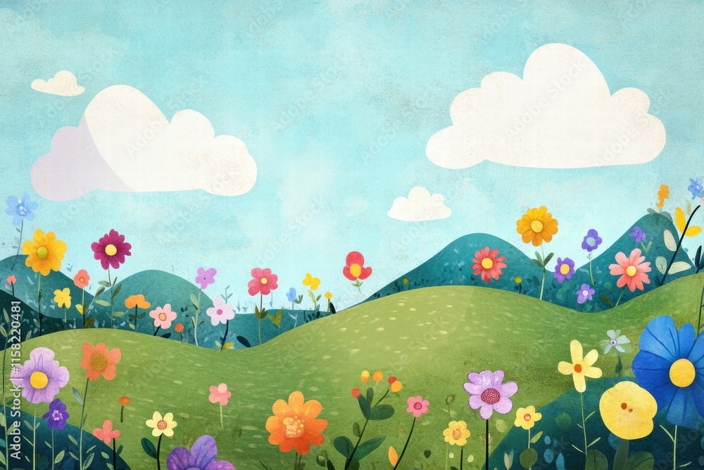Fototapete colorful naive art style landscape with flowers and clouds in a bright sky inviting creative use of 