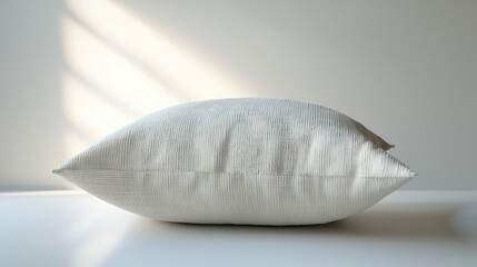 A simple, neutral-colored pillow resting on a surface, illuminated by soft light.