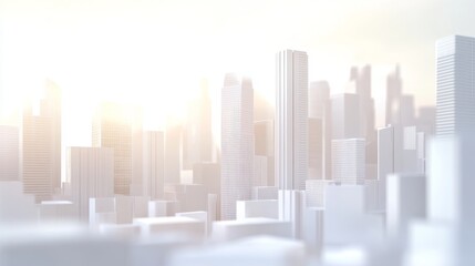 Futuristic skyline with soft sunlight glow.
