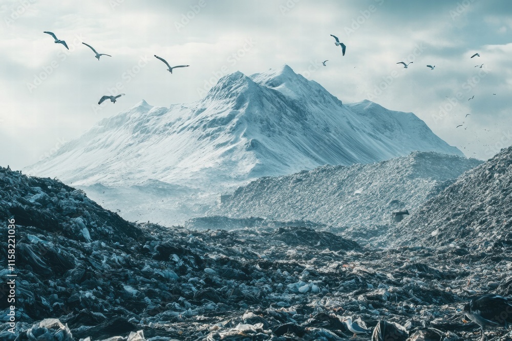 Poster massive seagulls soar over a vast landfill with mountains in the background, showcasing environmenta