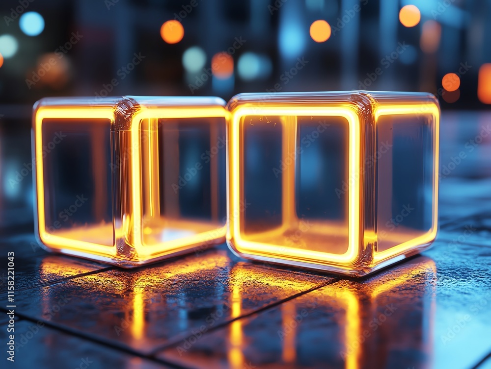 Poster two glowing cubes with neon edges reflecting on a wet surface in a vibrant urban setting.