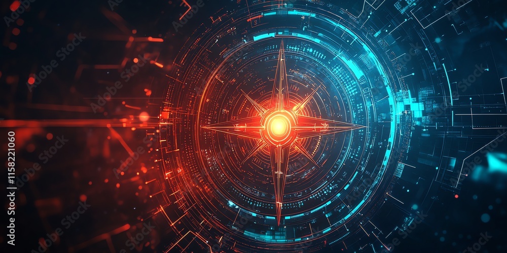 Poster A digital compass design with blue and red elements, symbolizing navigation and technology.