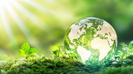 Globe surrounded by green plants and sunlight