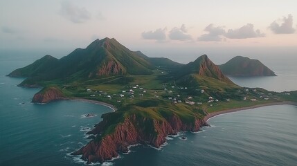 Naklejka premium Aerial view of a serene island with mountains, ocean, and small village at dawn.