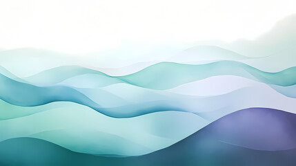 Obraz premium Abstract Watercolor Landscape: Serene teal and purple waves ebb and flow across a dreamy white backdrop, creating a tranquil and ethereal atmosphere. The soft.