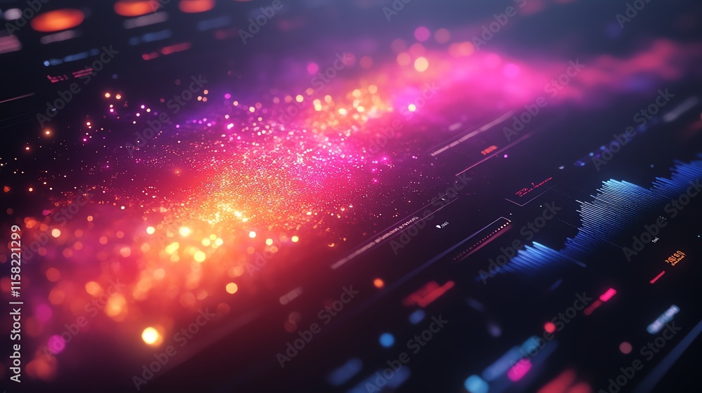 Poster A vibrant digital visualization of sound waves and cosmic elements.
