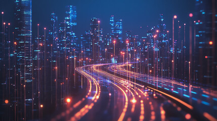 Fototapeta premium Smart Innovation city with connection cyber security network reciprocity over the night cityscape future wireless digital city and social media networking systems that connects people in the city