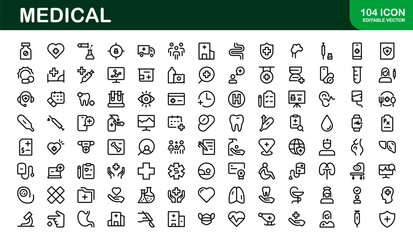 Premium Medical Icons. Perfect Vector Designs for Healthcare, Hospitals, Medicine, and Health Apps in Outline and Flat Styles.