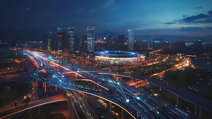 Obraz premium Smart Innovation city with connection cyber security network reciprocity over the night cityscape future wireless digital city and social media networking systems that connects people in the city