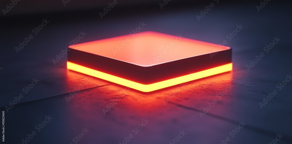 Poster a glowing rectangular device emits soft red light, set against a dark background.