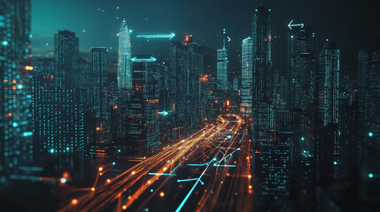 Obraz premium Smart Innovation city with connection cyber security network reciprocity over the night cityscape future wireless digital city and social media networking systems that connects people in the city