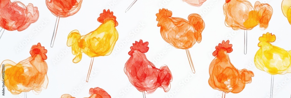 Poster Vibrant rooster shaped lollipops add color and charm to festive celebrations and events with playful design and copy space. Generative AI