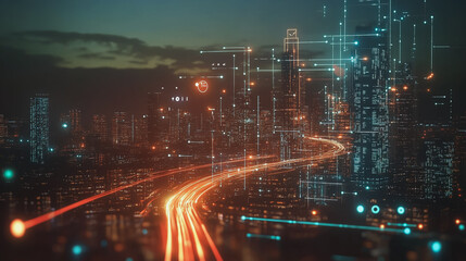 Fototapeta premium Smart digital Innovation city with connection network reciprocity over the cityscape. of future smart wireless digital city and social media networking systems that connects people with in city