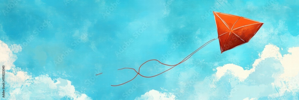 Leinwandbilder bright orange kite soaring in a blue sky with fluffy white clouds and plenty of space for text or de