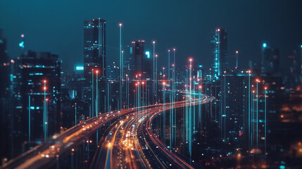 Obraz premium Smart digital Innovation city with connection network reciprocity over the cityscape. of future smart wireless digital city and social media networking systems that connects people with in city