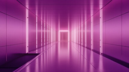 Modern hallway with vibrant purple lighting.