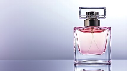 Elegant crystal pink perfume bottle placed on a reflective surface with soft lighting, ample copy space for text, professional advertising, balanced composition,