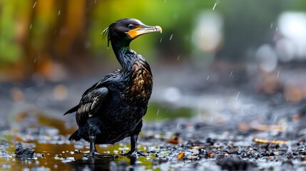A close-up view of a cormorant standing in a puddle on the ground during a rainstorm.