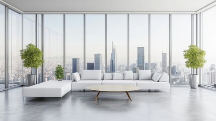 Modern interior with panoramic city views.