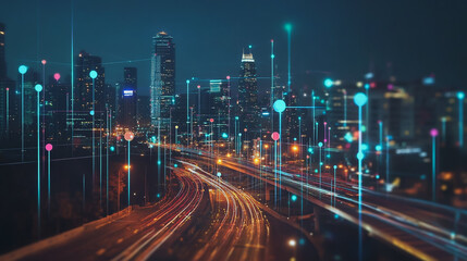 Naklejka premium Smart digital Innovation city with connection network reciprocity over the cityscape. of future smart wireless digital city and social media networking systems that connects people with in city