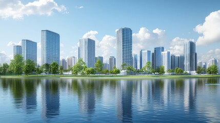 Modern skyline reflecting on tranquil water.