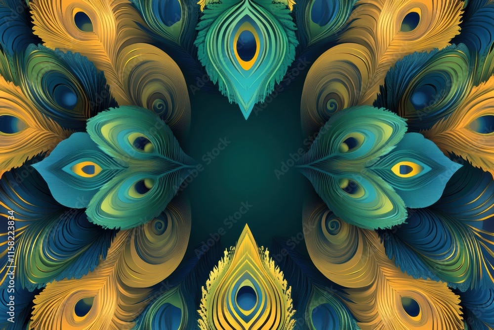 Leinwandbilder Overlapping peacock feather pattern with vibrant colors and empty space for text or design elements. Generative AI