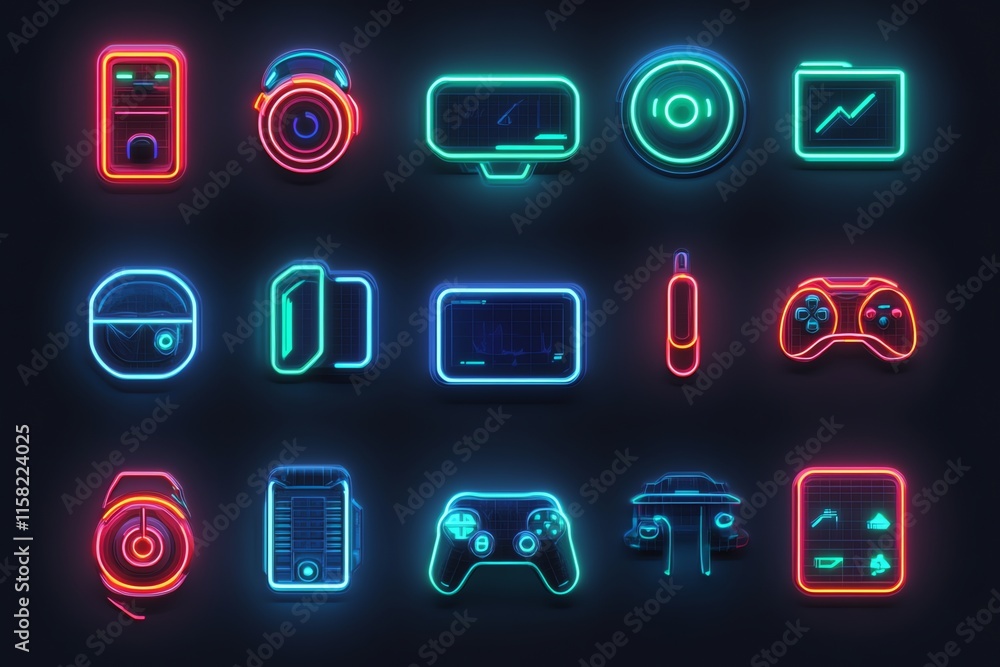 Poster neon icons representing various technology and gaming devices.