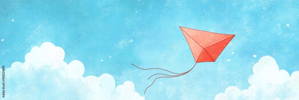 Poster colorful kite soaring through a bright blue sky with fluffy clouds, ideal for creative design and te