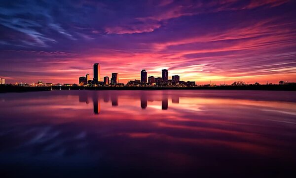 Tulsa Skyline Reflected in Calm Waters at Sunset