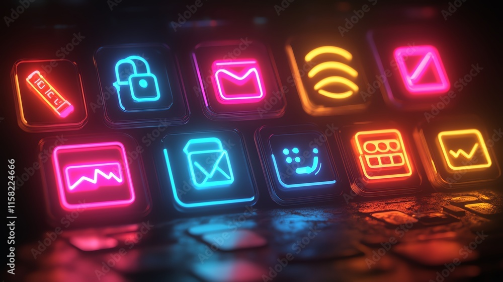 Poster A close-up of glowing keyboard icons representing various digital functions and applications.