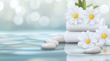 Relaxing spa scene with flowers and towels.
