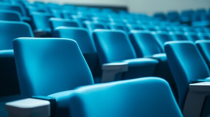 Obraz premium Rows of empty blue theater seats in a hall.
