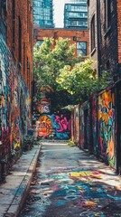 Fototapeta premium A gritty urban graffiti wall showcasing bold Mocha Mousse street art with vibrant neon accents, creating a striking visual contrast..