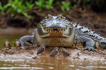 Fototapeta premium A large crocodile with its mouth slightly open, basking on a riverbank under the sun, while small birds perch nearby peacefully..