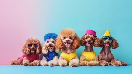 Five adorable toy poodles in colorful outfits against a pastel background.