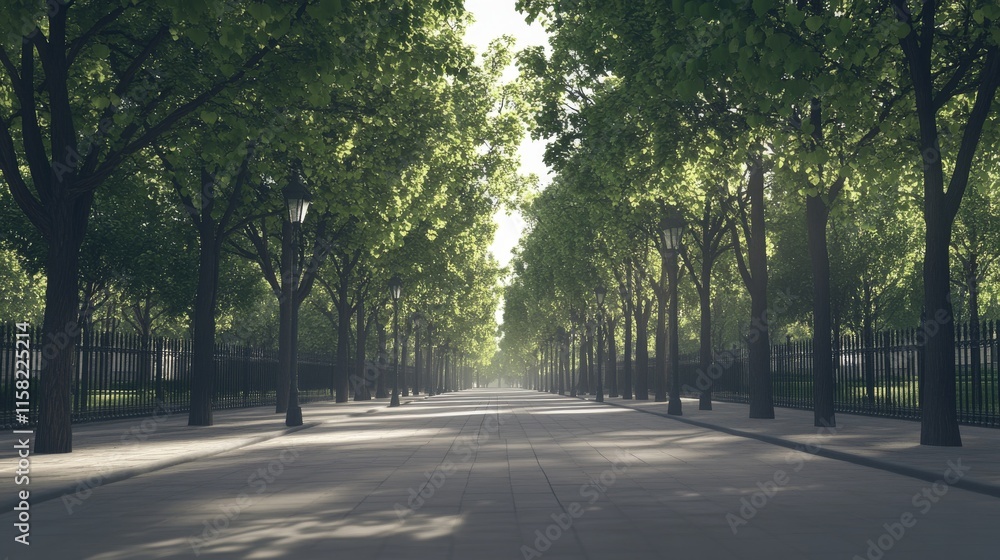Poster serene tree-lined pathway in soft sunlight.