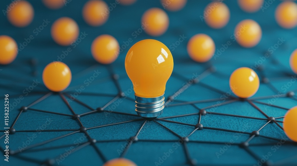 Poster light bulb connecting orange spheres symbolizing networking and leadership