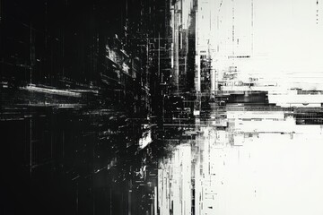 Abstract black-and-white displacement map with distorted glitch patterns, perfect for 3D rendering. Cyberpunk-inspired datamosh and lo-fi retro noise aesthetic..