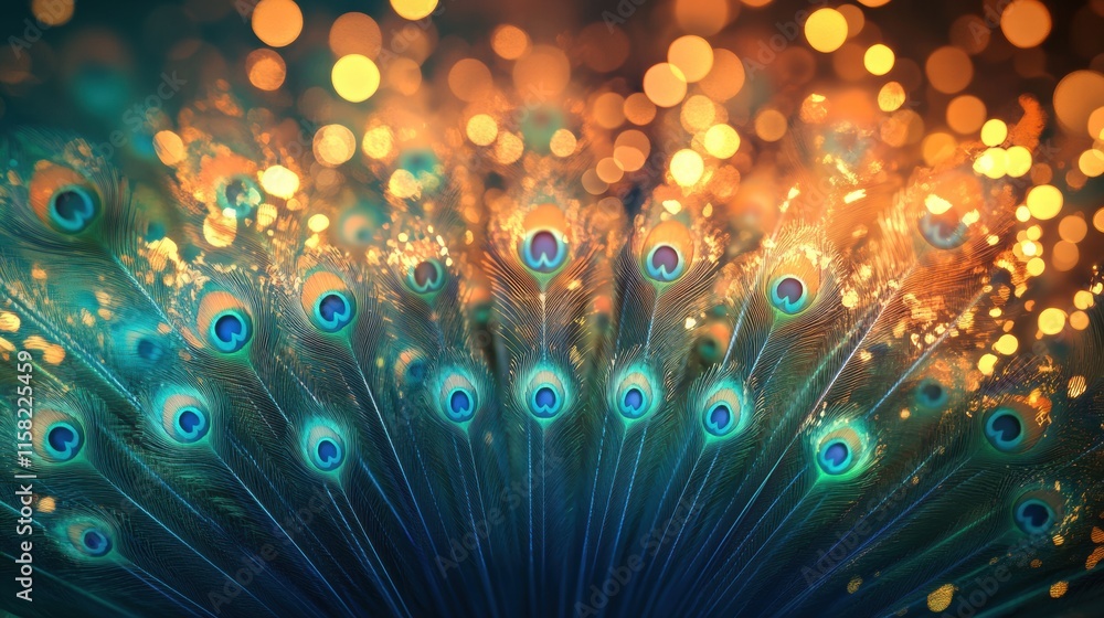 Poster beautiful display of peacock tail feathers with vibrant colors and bokeh background creating an ench