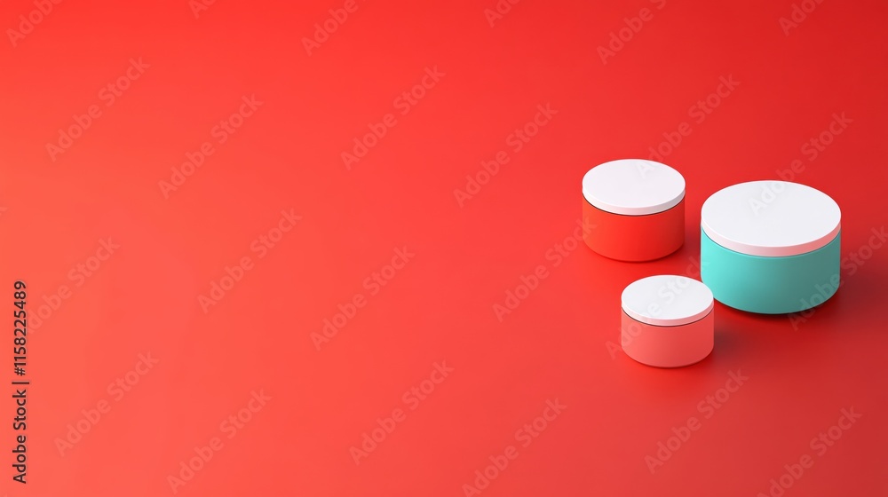 Poster minimalist display of three geometric containers on vibrant red background