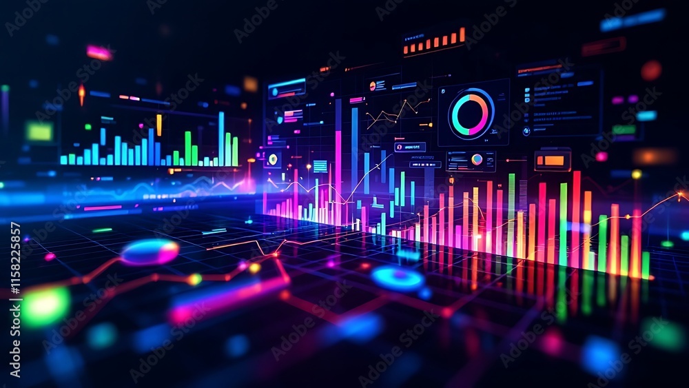 Poster perspective view on infographic chart with digital graphs, diagram and indicators on dark background